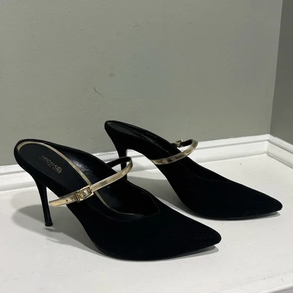 Michael Kors Black Suede Mule Heels with Gold Straps-size 11 - Picture 3 of 9